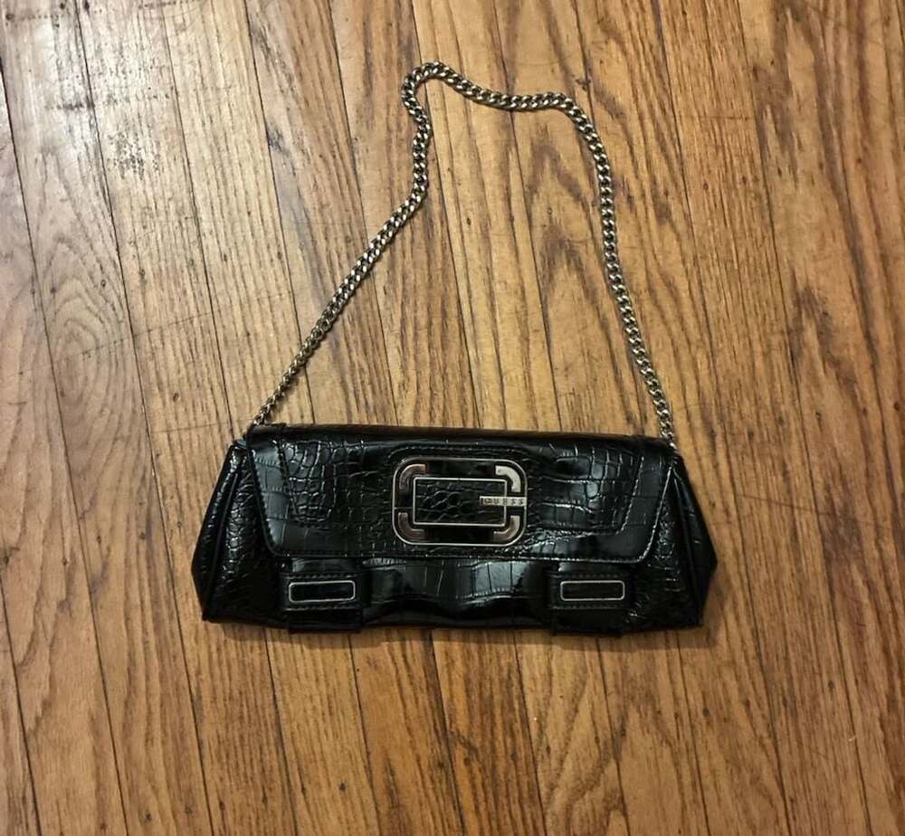 Guess Black Croco Embossed Patent Shoulder Bag
